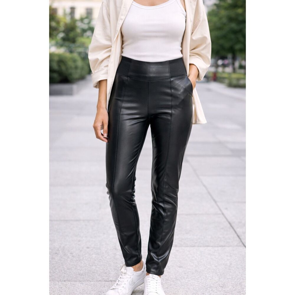 Ci Sono Faux Leather Leggings Size L Black High Waist Stretch Slim Fit Chic